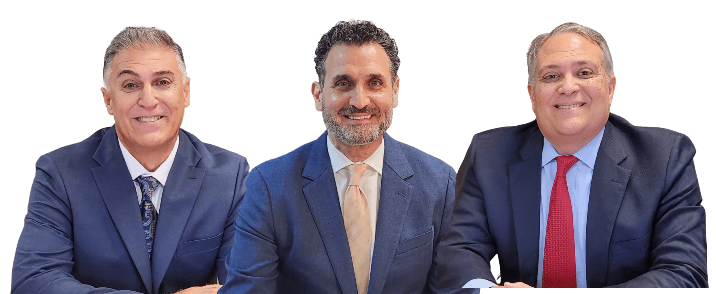 Three men in suits sitting side by side, smiling at the camera against a plain white background.
